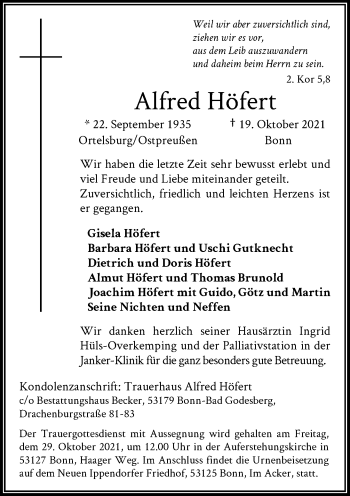 Anzeige von Alfred Höfert von General-Anzeiger Bonn
