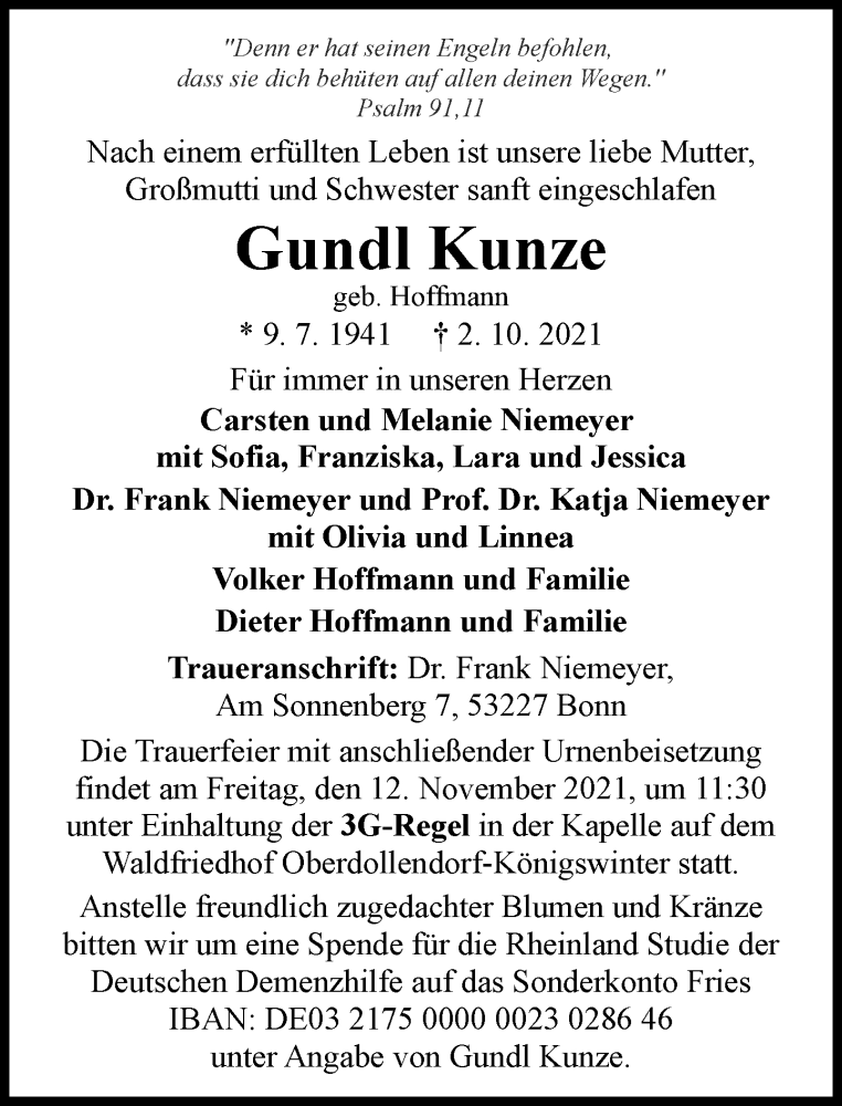  Traueranzeige für Gundl Kunze vom 30.10.2021 aus GENERAL-ANZEIGER BONN