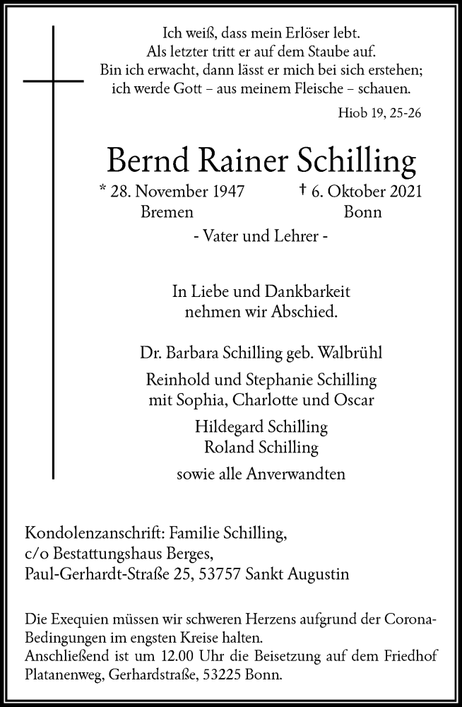  Traueranzeige für Bernd Rainer Schilling vom 09.10.2021 aus General-Anzeiger Bonn