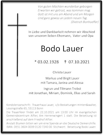 Anzeige von Bodo Lauer von General-Anzeiger Bonn