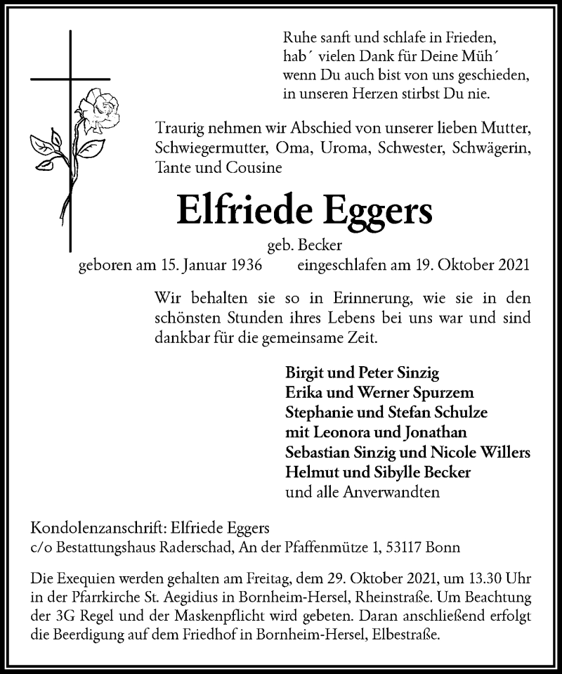  Traueranzeige für Elfriede Eggers vom 23.10.2021 aus General-Anzeiger Bonn