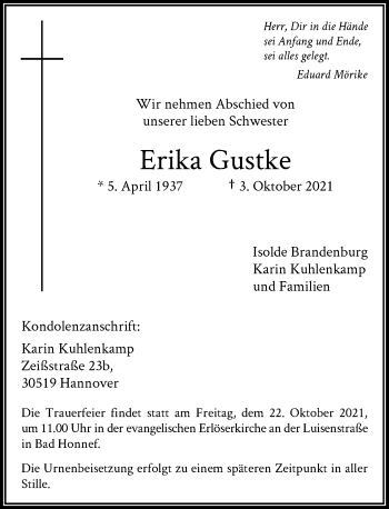 Anzeige von Erika Gustke von General-Anzeiger Bonn