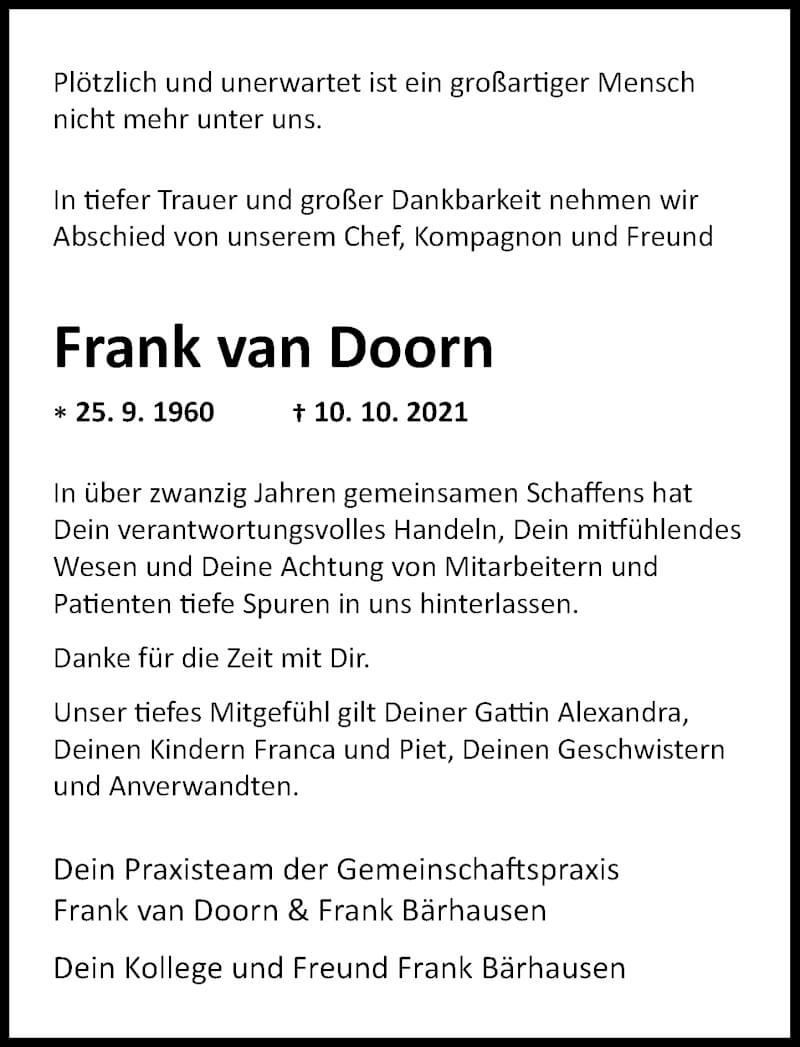  Traueranzeige für Frank van Doorn vom 16.10.2021 aus General-Anzeiger Bonn