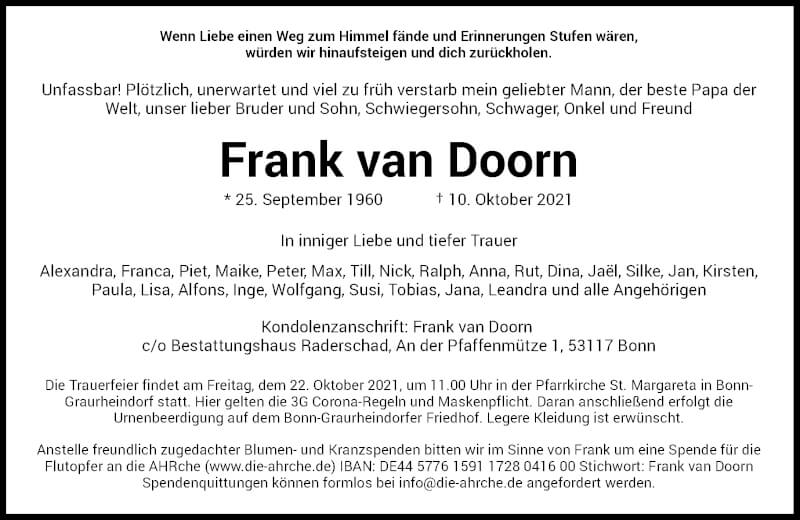  Traueranzeige für Frank van Doorn vom 16.10.2021 aus General-Anzeiger Bonn