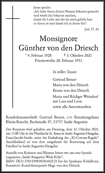 Anzeige von Günther von den Driesch von General-Anzeiger Bonn