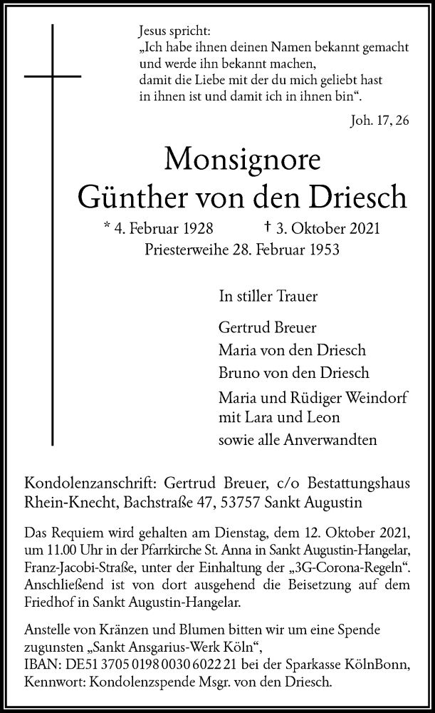  Traueranzeige für Günther von den Driesch vom 09.10.2021 aus General-Anzeiger Bonn