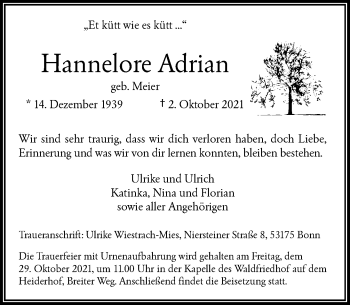 Anzeige von Hannelore Adrian von General-Anzeiger Bonn