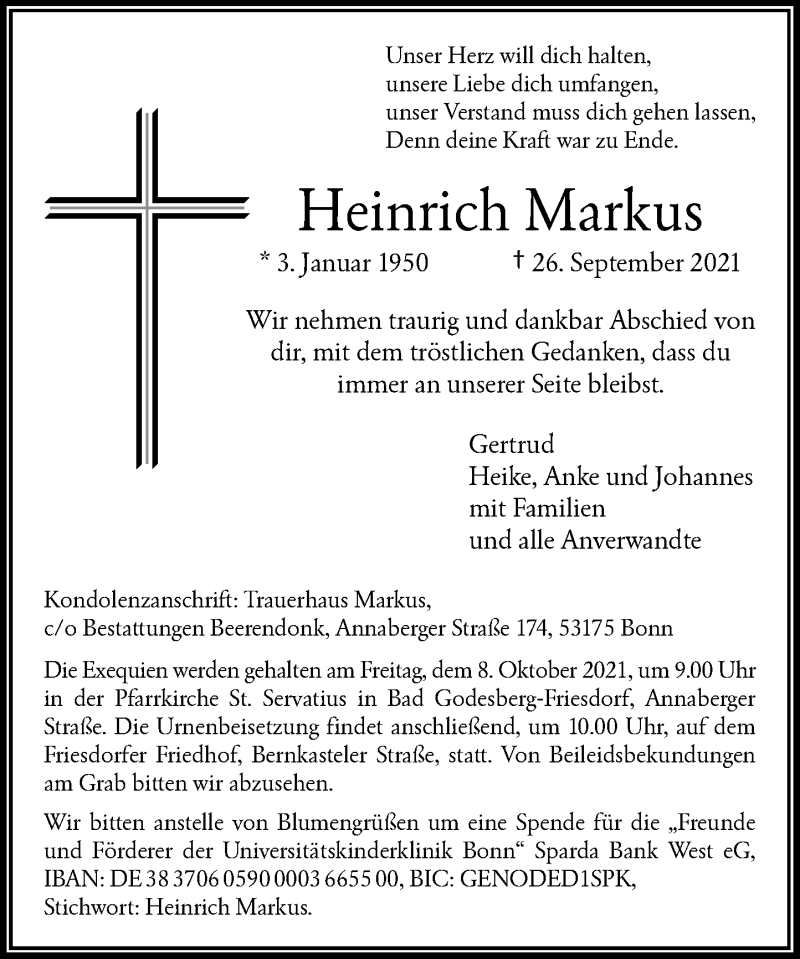  Traueranzeige für Heinrich Markus vom 02.10.2021 aus General-Anzeiger Bonn