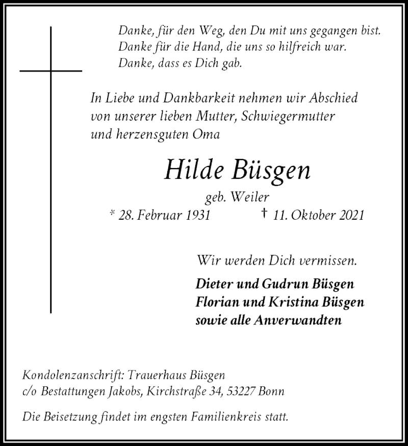  Traueranzeige für Hilde Büsgen vom 16.10.2021 aus General-Anzeiger Bonn