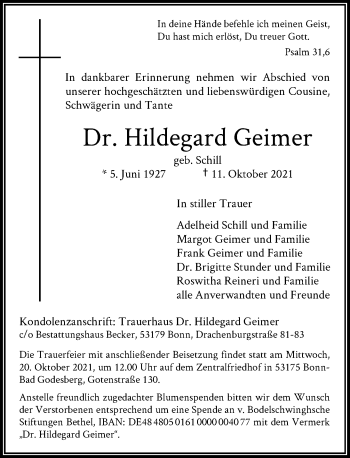 Anzeige von Hildegard Geimer von General-Anzeiger Bonn