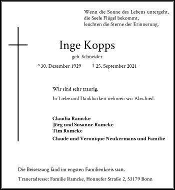 Anzeige von Inge Kopps von General-Anzeiger Bonn