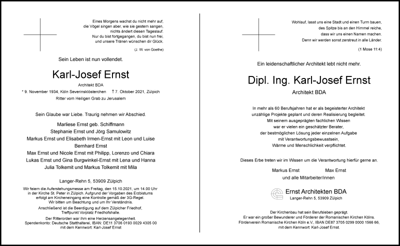  Traueranzeige für Karl-Josef Ernst vom 12.10.2021 aus General-Anzeiger Bonn