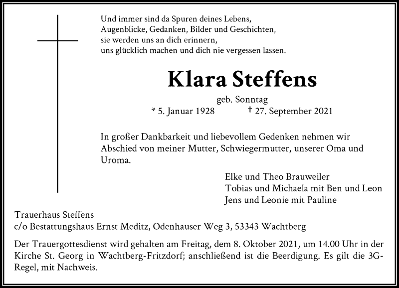  Traueranzeige für Klara Steffens vom 02.10.2021 aus General-Anzeiger Bonn