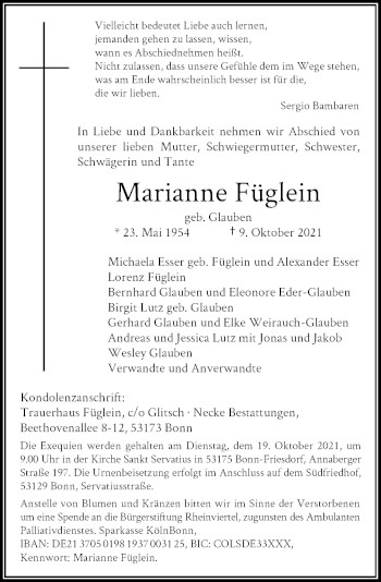 Anzeige von Marianne Füglein von General-Anzeiger Bonn
