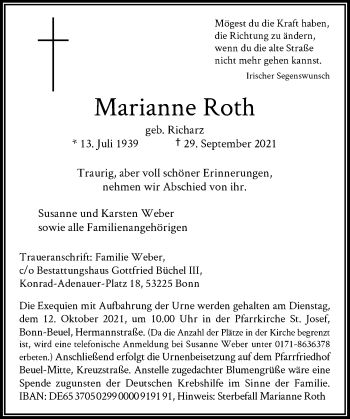 Anzeige von Marianne Roth von General-Anzeiger Bonn