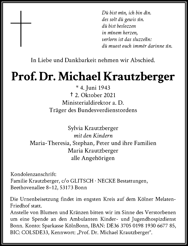  Traueranzeige für Michael Krautzberger vom 09.10.2021 aus General-Anzeiger Bonn