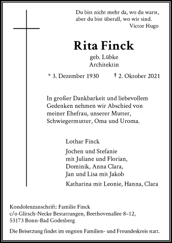 Anzeige von Rita Finck von General-Anzeiger Bonn