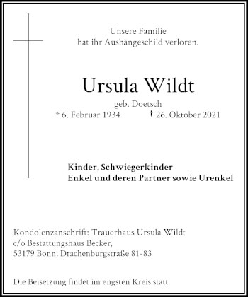 Anzeige von Ursula Wildt von General-Anzeiger Bonn