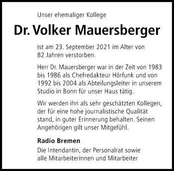 Anzeige von Volker Mauersberger von General-Anzeiger Bonn