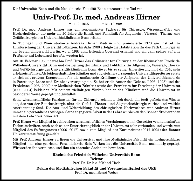  Traueranzeige für Andreas Hirner vom 13.11.2021 aus General-Anzeiger Bonn