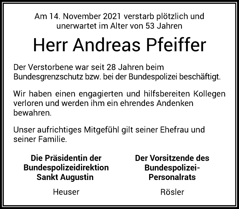  Traueranzeige für Andreas Pfeiffer vom 20.11.2021 aus General-Anzeiger Bonn