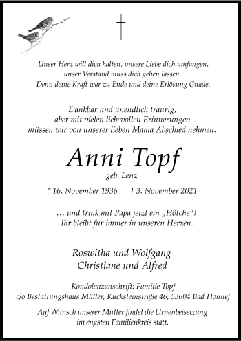 Anzeige von Anni Topf von General-Anzeiger Bonn