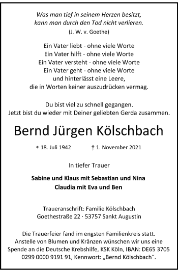 Anzeige von Bernd Jürgen Kölschbach von General-Anzeiger Bonn