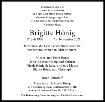 Anzeige von Brigitte Hönig von General-Anzeiger Bonn