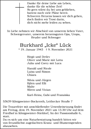 Anzeige von Burkhard  Lück von General-Anzeiger Bonn