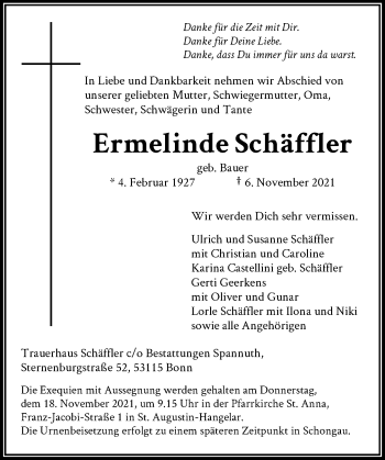 Anzeige von Ermelinde Schäffler von General-Anzeiger Bonn