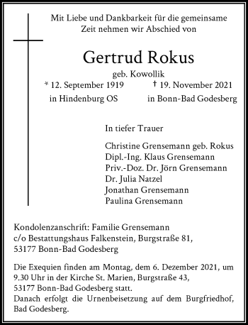 Anzeige von Gertrud Rokus von General-Anzeiger Bonn