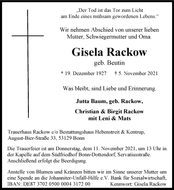 Anzeige von Gisela Rackow von General-Anzeiger Bonn