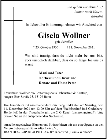 Anzeige von Gisela Wollner von General-Anzeiger Bonn