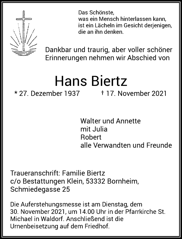  Traueranzeige für Hans Biertz vom 24.11.2021 aus General-Anzeiger Bonn