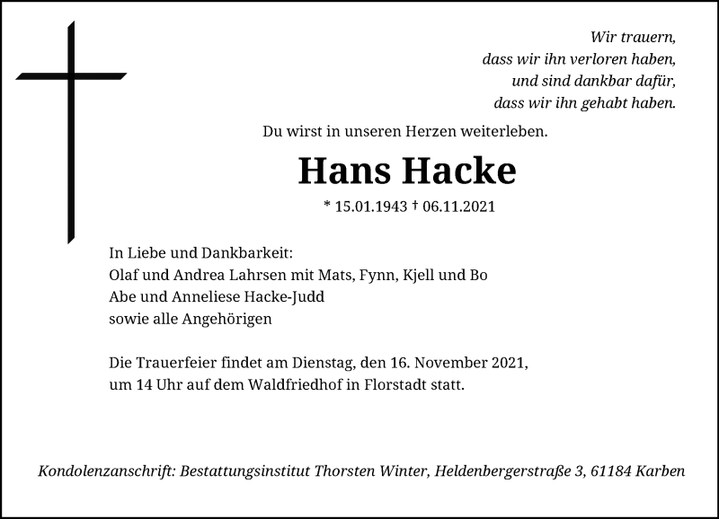  Traueranzeige für Hans Hacke vom 13.11.2021 aus General-Anzeiger Bonn