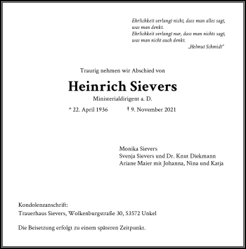 Anzeige von Heinrich Sievers von General-Anzeiger Bonn