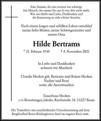 Anzeige von Hilde Bertrams von General-Anzeiger Bonn