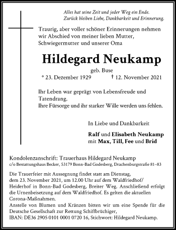 Anzeige von Hildegard Neukamp von General-Anzeiger Bonn