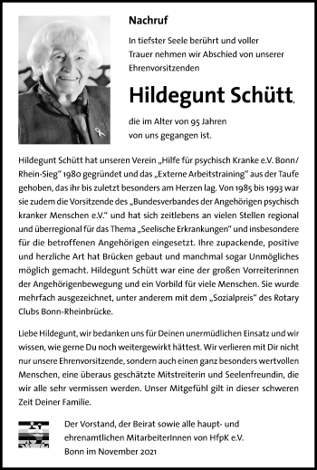Anzeige von Hildegunt Schütt von General-Anzeiger Bonn