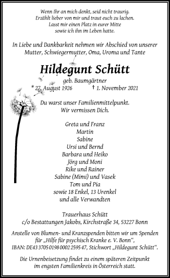 Anzeige von Hildegunt Schütt von General-Anzeiger Bonn
