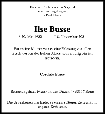Anzeige von Ilse Busse von General-Anzeiger Bonn