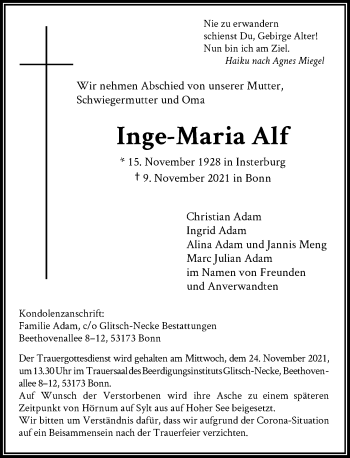 Anzeige von Inge-Maria Alf von General-Anzeiger Bonn