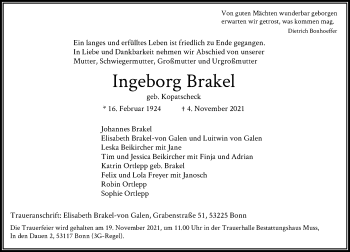 Anzeige von Ingeborg Brakel von General-Anzeiger Bonn