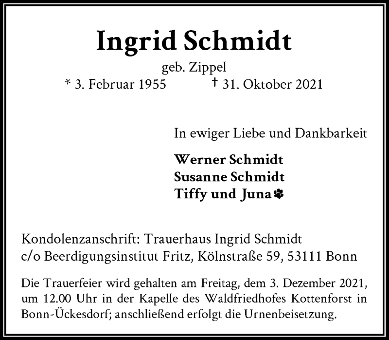 Traueranzeige für Ingrid Schmidt vom 27.11.2021 aus General-Anzeiger Bonn