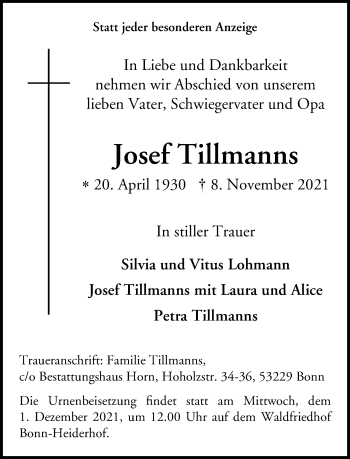 Anzeige von Josef Tillmanns von General-Anzeiger Bonn