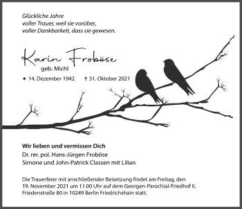 Anzeige von Karin Froböse von General-Anzeiger Bonn