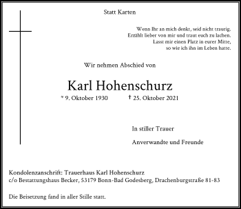 Anzeige von Karl Hohenschurz von General-Anzeiger Bonn
