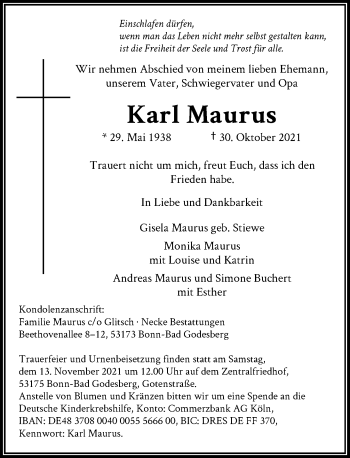 Anzeige von Karl Maurus von General-Anzeiger Bonn