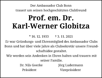 Anzeige von Karl-Werner Globitza von General-Anzeiger Bonn