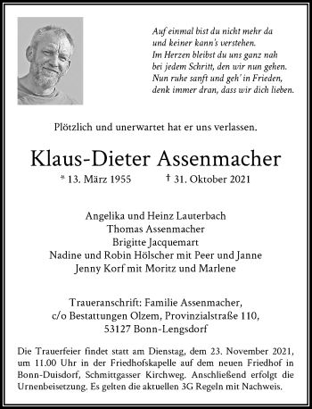 Anzeige von Klaus-Dieter Assenmacher von General-Anzeiger Bonn